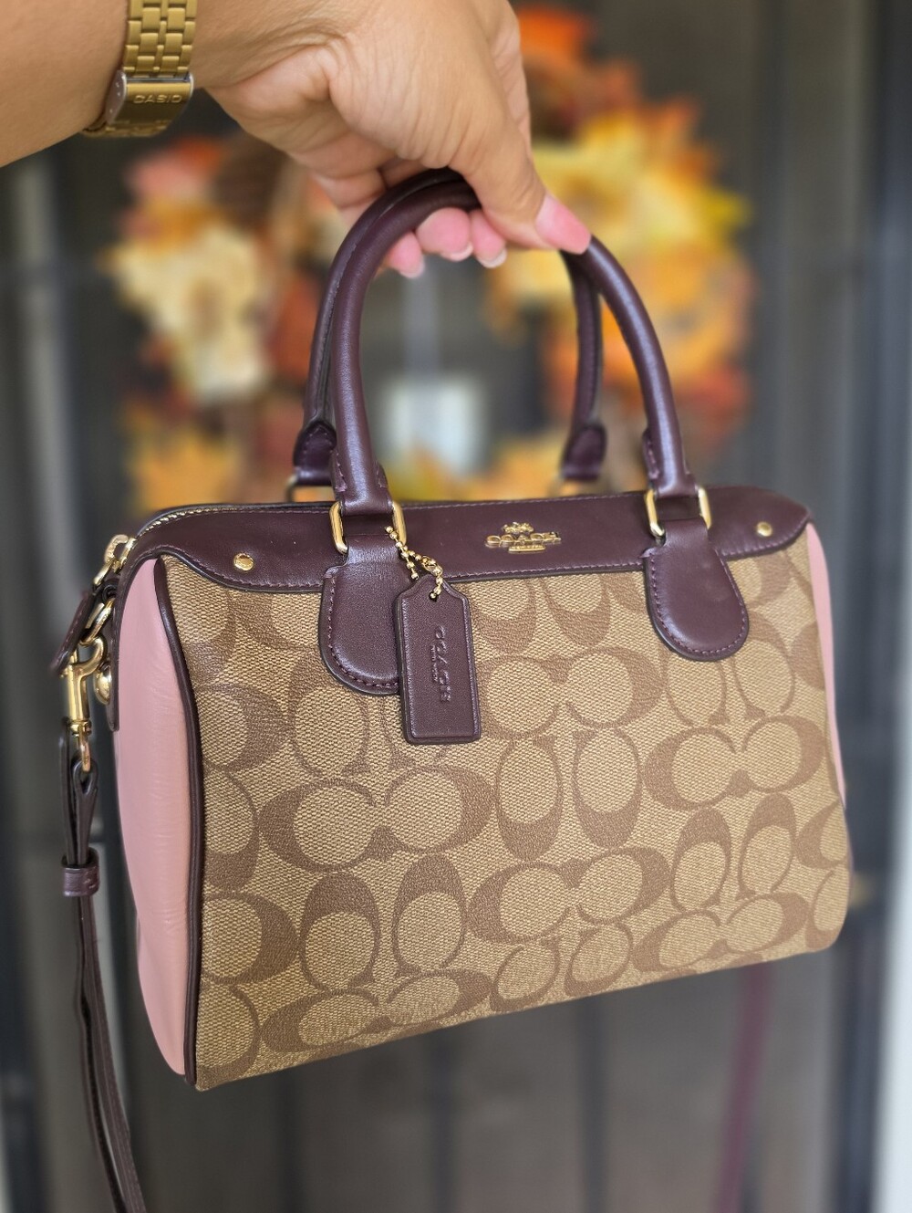 Coach Bennett Signature Satchel in Brown & Pink